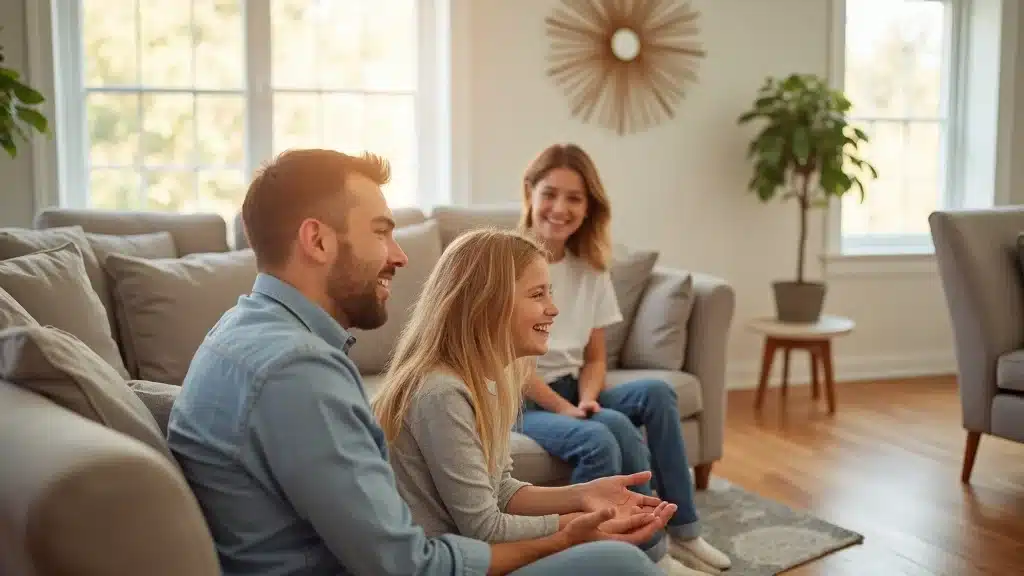 Happy Columbia SC family in restored home after water damage — bright, clean open living space, sunlight, gleaming floors, and content expressions.