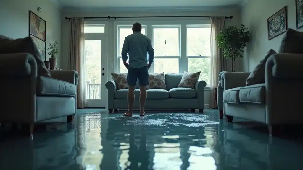 Dramatic flooded living room with water damage in Columbia SC — distressed homeowner surveying damage, realistic details and reflections, photorealistic contemporary setting.