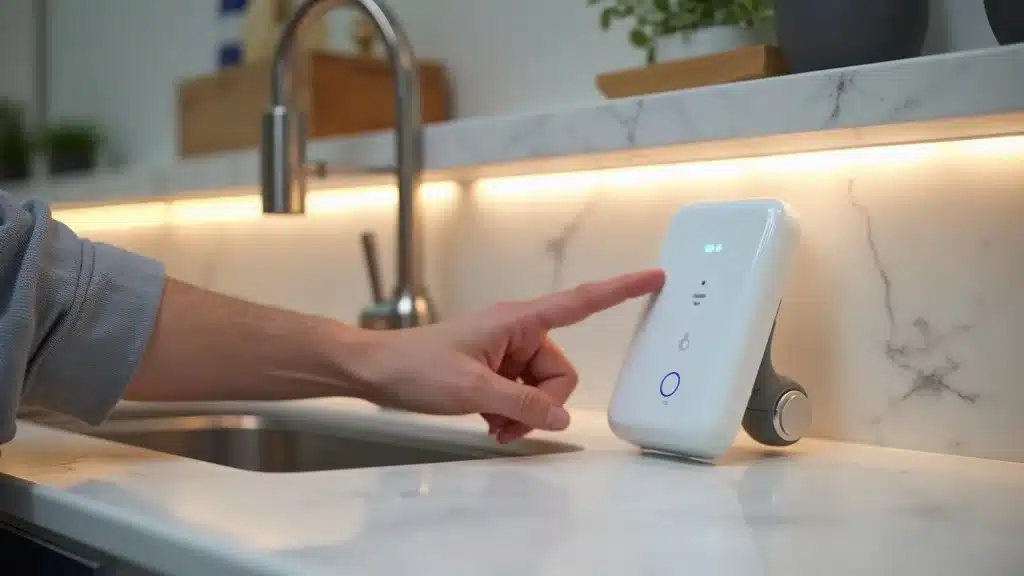 Modern water sensor installed by homeowner under kitchen sink in Columbia SC, demonstrating smart detection for water damage prevention