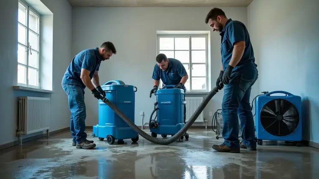Professional water damage restoration team in Columbia SC — focused technicians operating drying equipment, water stains and drying fans visible, photorealistic renovation setting.